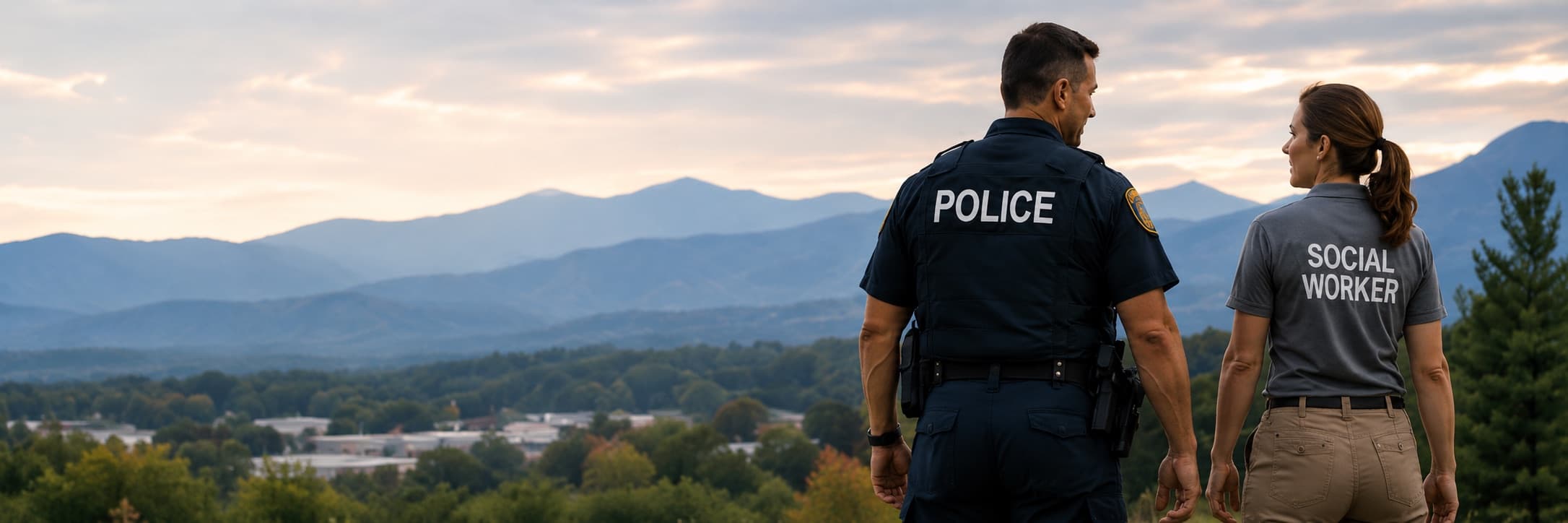 A police officer and a social worker walking together above a small Western North Carolina town at dusk